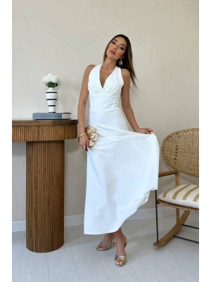 Ekru Atlas Göğüs Kuplu Elbise
