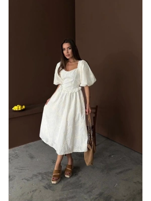 Ekru Balon Kollu Dantelli Brode Elbise