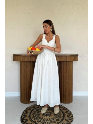 Ekru Dantel Detaylı Askılı Elbise