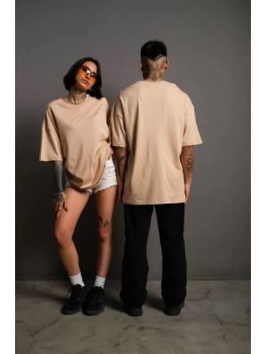 Erkek 24/1 Düz A Kalite Oversize T-shirt - Bej