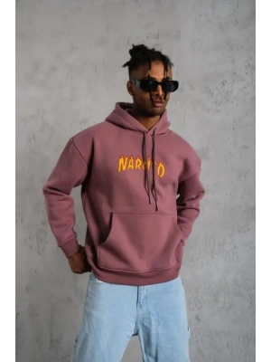 Erkek 3 İplik Pamuklu Kapüşonlu Baskılı Cepli Oversize Sweatshirt Hoodie - Gül Kurusu
