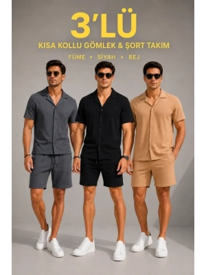 Erkek 3’lü Krep Kumaş Cepli Gömlek Şort Takım Kısa Kollu Bağcıklı - Füme, Siyah , Bej