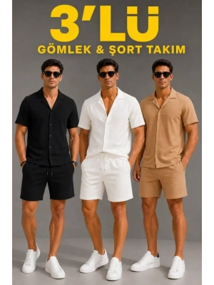 Erkek 3’lü Krep Kumaş Cepli Gömlek Şort Takım Kısa Kollu Bağcıklı - Siyah , Beyaz , Bej