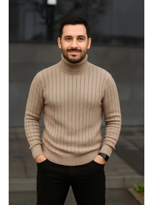 Erkek Balıkcı Yaka Bağazlı Triko Kazak Pamuklu Kalın Fitilli Dokuma, Regular Fit Uzun Kollu Kışlık Model - Bej