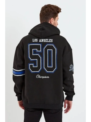 Erkek Baskılı Kapşonlu Üç Iplik Oversize Sweatshirt - Siyah