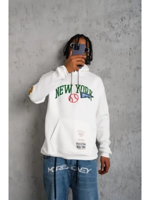 Erkek Baskılı Kapüşonlu Sweatshirt - Beyaz