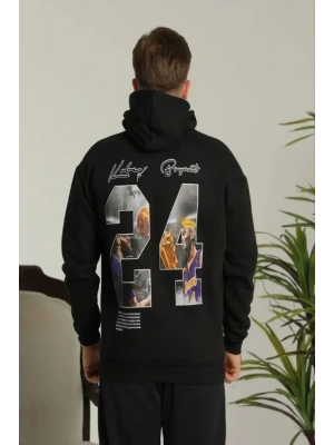 Erkek Baskılı Oversize Üç İplik Kapüşonlu Sweatshirt - Siyah