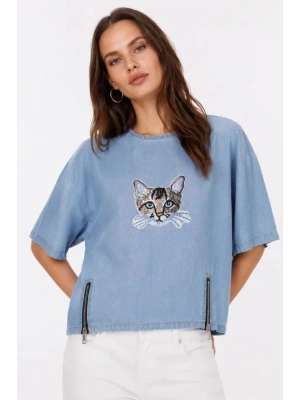 Erkek Baskılı T-Shirt Kısa Kol Bisiklet Yaka Rahat Kalıp Tişört - Mavi