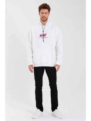 Erkek Baskılı Üç İplik Kapüşonlu Oversize Sweatshirt - Beyaz