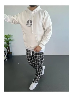 Erkek Baskılı Üç İplik Kapüşonlu Oversize Sweatshirt - Beyaz