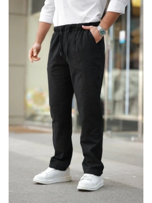 Erkek Beli Lastikli Keten Rahat Pantolon