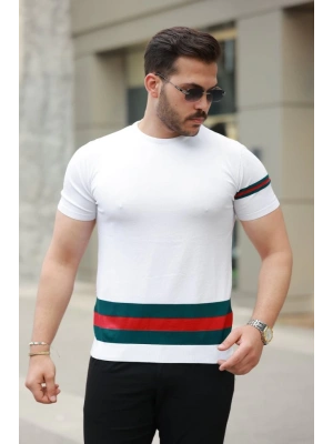 Erkek Bisiklet Yaka Bel Ve Kol şerit Desenli Kısa Kollu Tişört