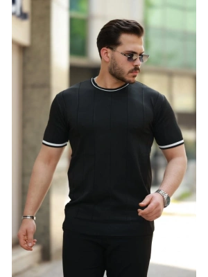 Erkek Bisiklet Yaka çizgi Desenli Ribanalı Kısa Kollu Tshirt