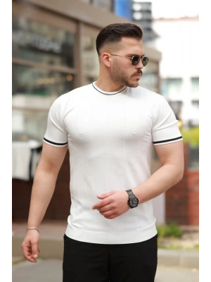 Erkek Bisiklet Yaka çizgi Desenli Ribanalı Kısa Kollu Tshirt