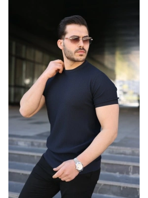 Erkek Bisiklet Yaka Petek Dokulu Kısa Kollu Triko Tişört