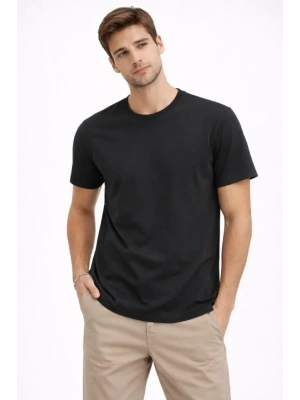 Erkek Bisiklet Yaka Tişört Regular Kalıp Basic Pamuklu Günlük Kullanım T-shirt - Siyah