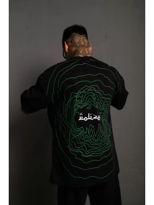 Erkek Bisiklet Yakalı Sırt Baskılı Oversize T-Shirt - Siyah