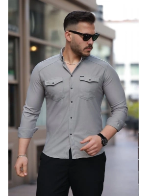 Erkek çift Cepli çıtçıt Düğmeli Uzun Kollu Gömlek