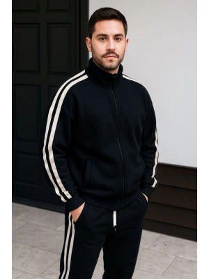 Erkek Çift Şeritli Eşofman Takım Dik Yaka Fermuarlı Sweatshirt Boru Paça Alt, Oversize 3 Iplik Pamuklu - Siyah