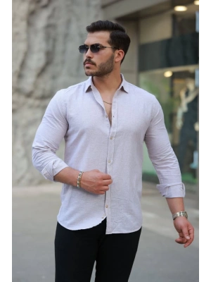 Erkek çizgi Desenli Uzun Kollu Pamuklu Keten Gömlek