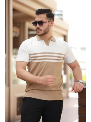 Erkek çizgi Desenli Yakalı Kısa Kollu T-shirt