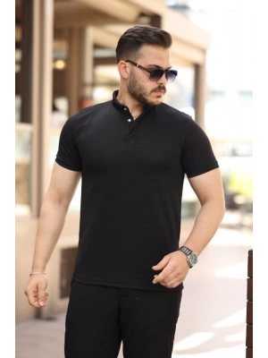 Erkek çizgi Dokulu çıtçıt Yakalı Kısa Kollu T-shirt