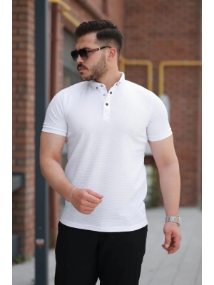 Erkek çizgi Dokulu çıtçıt Yakalı Kısa Kollu T-shirt