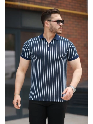 Erkek çizgili Fermuar Yakalı Kısa Kollu Tişört