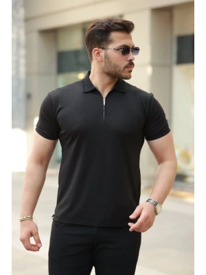 Erkek Deri Panel Detaylı Fermuar Yakalı Kısa Kollu Tişört