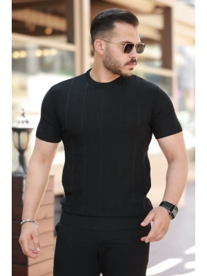 Erkek Desenli çizgi Kabartmalı Kısa Kollu Tişört