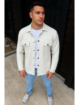 Erkek Diagonal Kumaş Cepli Çıtçıtlı Uzun Kollu, Gömlek Oversize Rahat Kalıp Günlük Şık Stil - Beyaz