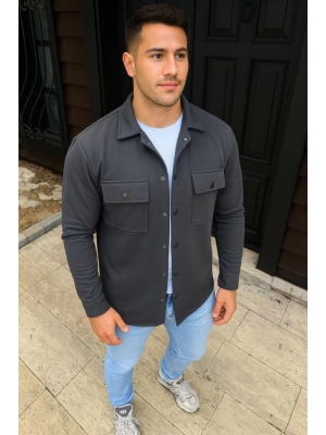 Erkek Diagonal Kumaş Cepli Çıtçıtlı Uzun Kollu, Gömlek Oversize Rahat Kalıp Günlük Şık Stil - Füme