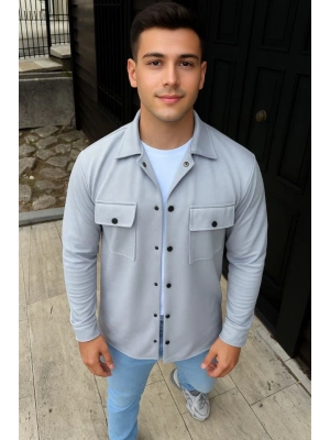 Erkek Diagonal Kumaş Cepli Çıtçıtlı Uzun Kollu, Gömlek Oversize Rahat Kalıp Günlük Şık Stil - Gri