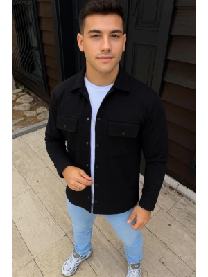 Erkek Diagonal Kumaş Cepli Çıtçıtlı Uzun Kollu, Gömlek Oversize Rahat Kalıp Günlük Şık Stil - Siyah