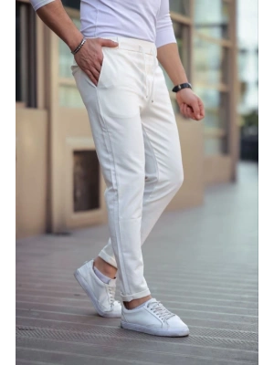 Erkek Diagonel Mikro Dokulu Cepli Beli Lastilki Pantolon - Beyaz