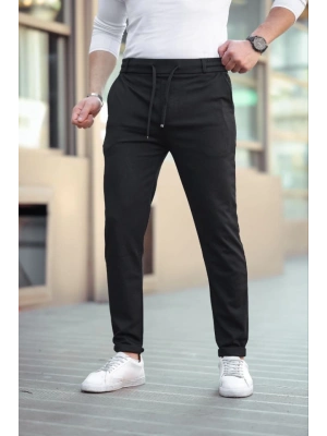 Erkek Diagonel Mikro Dokulu Cepli Beli Lastilki Pantolon - Siyah