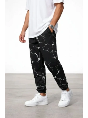 Erkek Dijital Baskılı Eşofman Altı Kışlık Üç İplik Şardonlu Kumaş Lastikli Paça, Cepli, Rahat Kalıp - Siyah