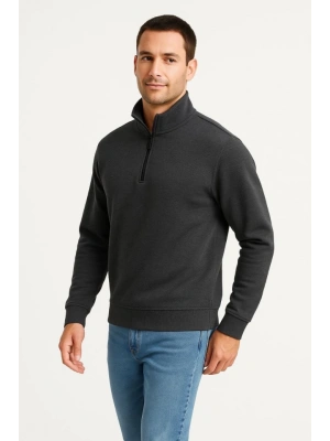 Erkek Dik Yaka Sweatshirt Dik Yaka Yarım Fermuarlı 3 İplik Şardonlu Pamuk Kumaş - Antrasit