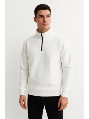 Erkek Dik Yaka Sweatshirt Dik Yaka Yarım Fermuarlı 3 İplik Şardonlu Pamuk Kumaş - Beyaz