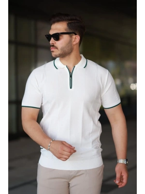 Erkek Dikey Kabartmalı Örgü Dokulu Fermuar Yakalı Tişört