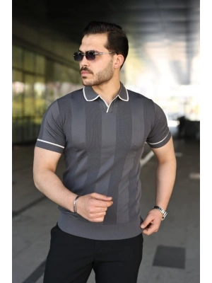 Erkek Dokulu Desen Yakalı Kısa Kollu Tişört
