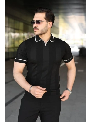 Erkek Dokulu Desen Yakalı Kısa Kollu Tişört