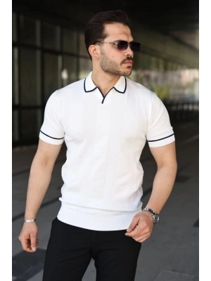 Erkek Dokulu Desen Yakalı Kısa Kollu Tişört