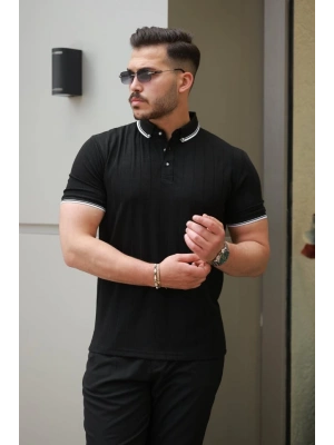 Erkek Düğme Yakalı Jakar Kumaş Kısa Kollu Tişört