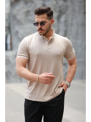 Erkek Düğme Yakalı Jakar Kumaş Kısa Kollu Tişört