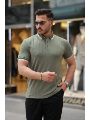 Erkek Düğme Yakalı Jakar Kumaş Kısa Kollu Tişört