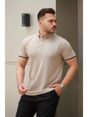 Erkek Düğmeli Yaka Waffle Kumaş Kısa Kollu Tişört