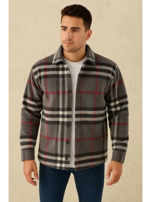 Erkek Ekose Desenli Düğmeli Polar Yakalı Uzun Kollu Gömlek Oversize Rahat Kalıp - Füme