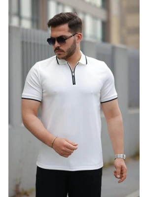 Erkek Fermuar Yakalı çizgi Detaylı Kısa Kollu Tişört