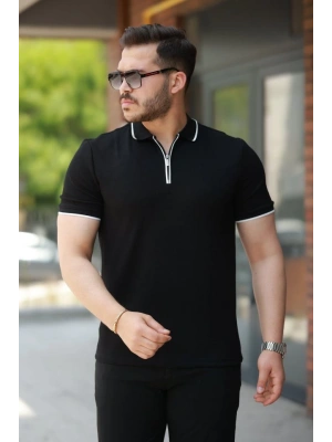 Erkek Fermuar Yakalı çizgi Detaylıkısa Kollu Tişört